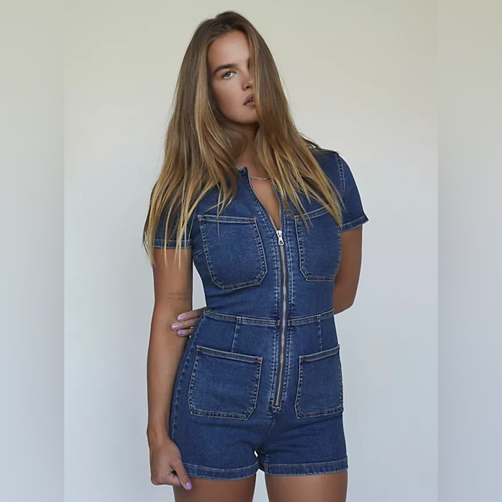 Free People CRVY Denim Lennox Shortsuit